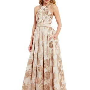 Eliza J Beaded Halter Neck Floral Blush Ball Gown